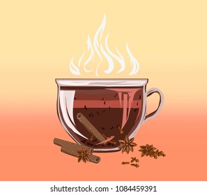 Black leafy herbal tea cup cinnamon and cloves. Fragrant tasty morning drink with beneficial properties for cleansing detoxifying body, relax. Vector flat  illustration on International Tea Day