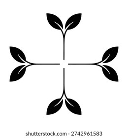 Black leafy sprouts growing in minimalist cross pattern design