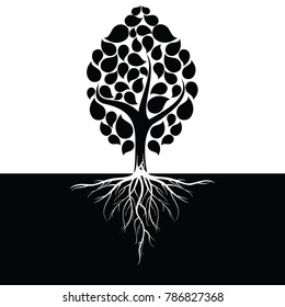 Black leafy tree with roots With trees isolated from white background. svg