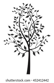 Black leafy tree silhouette.
Black stylized silhouette of d leafy tree. Vector available.
