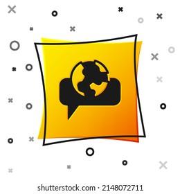 Black Learning foreign languages icon isolated on white background. Translation, language interpreter and communication. Yellow square button. Vector