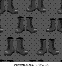 black leather army boots vector seamless pattern, grey polka dot background