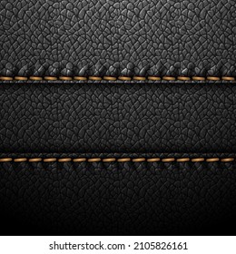 Black leather background with brown stitching. Vector illustration