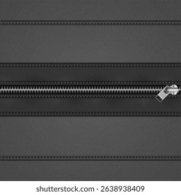 Black leather background with a closed metallic zipper and stitches - eps10 