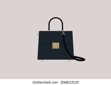 Black leather bag with golden elements, classic style