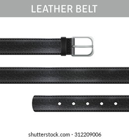 Black leather belt with buckle and title realistic set isolated vector illustration