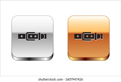 Black Leather belt with buttoned steel buckle icon isolated on white background. Silver-gold square button. Vector Illustration