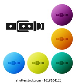 Black Leather belt with buttoned steel buckle icon isolated on white background. Set icons colorful circle buttons. Vector Illustration