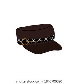 Black leather biker female hat with gold chain resting. Flat vector illustration.