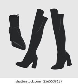 Black Leather Boots Fashion Illustration – Ankle Boot with Zipper and Over-the-Knee Boot with Block Heels, Three-Quarter View