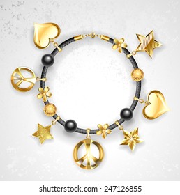 Black leather bracelet decorated with gold stars, golden hearts, peace symbols. 