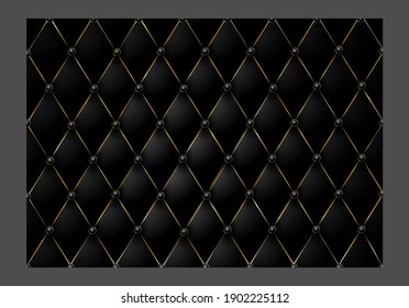 Black leather capitone background texture. Black upholstery premium dark fabric texture. Retro Chesterfield style soft tufted furniture upholstery with deep diamond pattern and buttons
