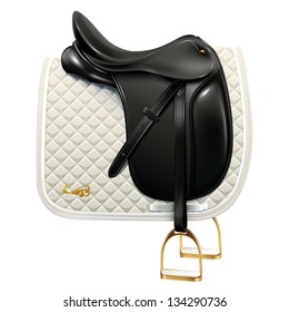 Black leather dressage saddle with white saddle pad isolated on white background