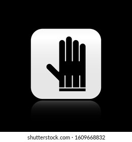 Black Leather glove icon isolated on black background. Silver square button. Vector Illustration