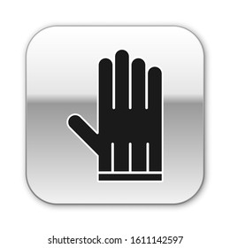 Black Leather glove icon isolated on white background. Silver square button. Vector Illustration