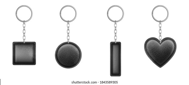 Black leather keychain different shapes with metal chain and ring. Vector realistic set of holder trinket, fob for car, home or office keys isolated on white background