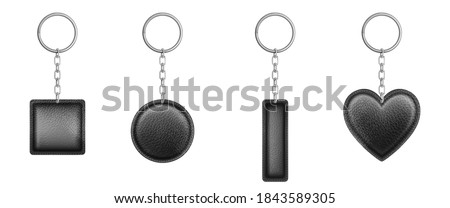 Black leather keychain different shapes with metal chain and ring. Vector realistic set of holder trinket, fob for car, home or office keys isolated on white background