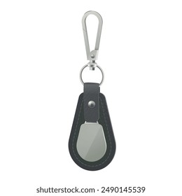 A black leather keychain with a silver metal clasp and ring, isolated on a white background.