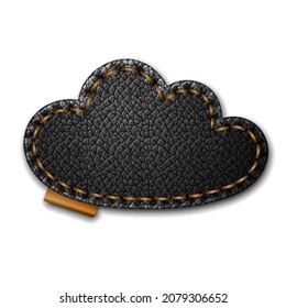 Black leather label cloud shape with stitches. Leather patch with seam. Vector realistic illustration on white background.