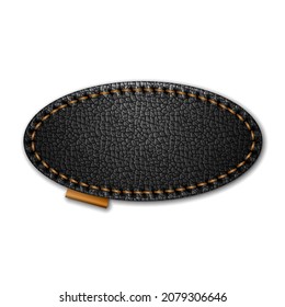 Black leather label oval shape with stitches. Leather patch with seam. Vector realistic illustration on white background.