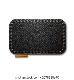Black leather label restangle shape with stitches. Leather patch with seam. Vector realistic illustration on white background.