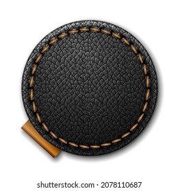 Black leather label round shape with stitches. Leather patch with seam. Vector realistic illustration on white background.