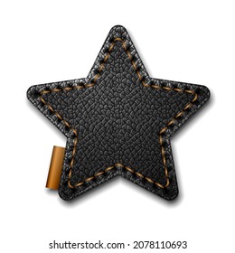 Black leather label star shape with stitches. Leather patch with seam. Vector realistic illustration on white background.