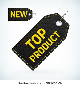 black leather label with yellow text new and top product. editable vector illustration