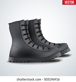Black Leather Military Army Boots. Side view. Vector Illustration Isolated on Background.