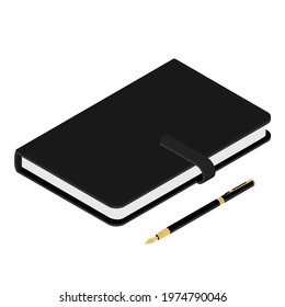 Black leather notebook, notepad and fountain pen isolated on white background, isometric view. Vector