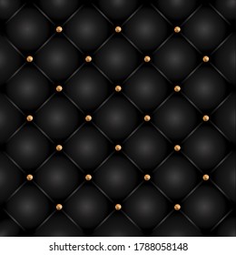 Black leather pattern texture background with golden buttons. Vector Illustration.