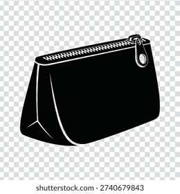 A black leather pouch with a silver zipper on top, depicted in a simple line drawing style on a transparent background, showcasing its sleek design and minimalist aesthetic.