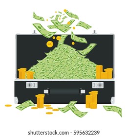 Black leather solid business suitcase with money. Business calculations, mutually beneficial cash payments. Flat vector cartoon illustration. Objects isolated on a white background.