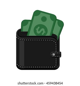 Black leather stitched wallet with cash money. Vector icon illustration isolated on white background.