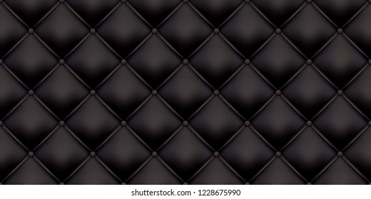 Black leather upholstery pattern texture background. Vector vintage royal sofa leather upholstery with buttons seamless pattern