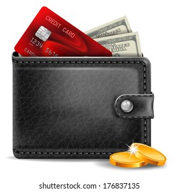Black leather wallet with credit card and money