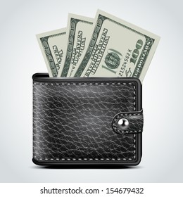Black Leather Wallet. Dollar USA . White Background. Vector