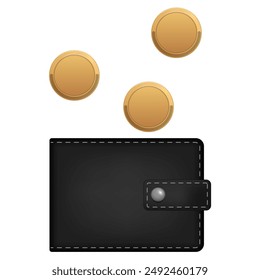 A black leather wallet with gold coins falling into it.