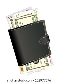 black leather wallet with money isolated on white background