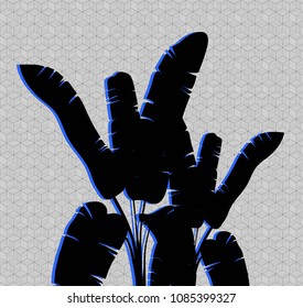 Black leaves of banano with blue shadow on geometrical pattern. Vector illustration.