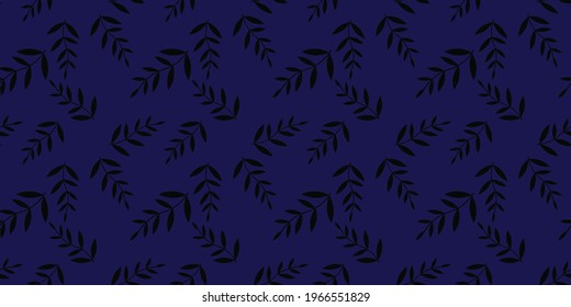 El negro deja fondo azul, fondo vectorial de patrón de repetición sin fisuras, papel tapiz de repetición.