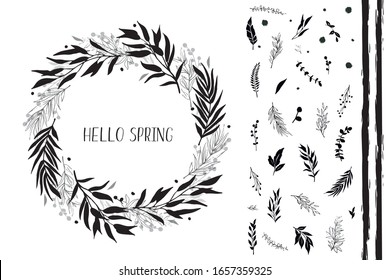 Black leaves and branches, round frame. Design elements for logo, greeting card, wedding invitation. Vector illustration.
