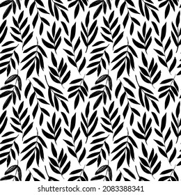 Black leaves and branches vector seamless pattern. Silhouette leaves and twigs. Branch modern texture. Foliage ornament. Hand drawn eucalyptus, laurel, olive twig. Abstract black ink plant motif