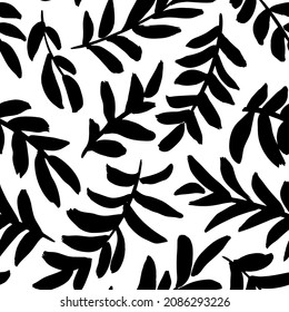 Black leaves and branches vector seamless pattern. Silhouette leaves and twigs. Branch modern texture. Foliage ornament. Hand drawn eucalyptus, laurel, olive twig. Abstract black ink plant motif