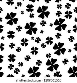 black leaves clover, st patrik day, on white, traditional print, fabric,  black on white texture, stock vector illustration.