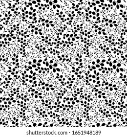 Black leaves floral seamless pattern and backdrop. Elegant plant background. Intricate modern. Craft paper gentle leaves, branches doodle illustration. Desing for wallpaper, textile, fabric,wrapping.
