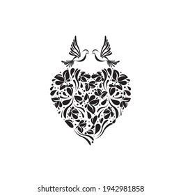 Black leaves in the heart shape and doves. Romantic vector illustration. Poster, print or card.