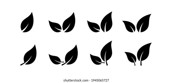 Schwarze Blätter Symbol einzeln auf weißem Hintergrund. Öko-Blätter. Eco, Biozeichen-Logo.  Gesundheitsfürsorge. Naturkunst. Veganische und veganische Schilder und Sumbole. Verschiedene Blätter Formen. Vektorgrafik. EPS10