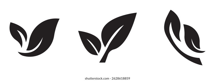 black leaves icons set isolated on white background vector illustration. Vegan, tree, plant, fresh, energy and healthy nutrition concept eps 10