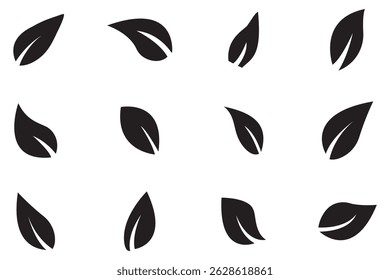 black leaves icons set isolated on white background vector illustration. Vegan, tree, plant, fresh, energy and healthy nutrition concept eps 10